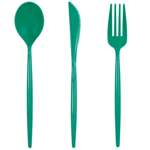 Rainforest Green Assorted Plastic Cutlery. Perfect for birthdays, holidays, showers, and more, this heavy weight plastic cutlery features a dark green color. If hand washed, these pieces are also reusable. Package includes 4 count forks, 4 count knives, and 4 count spoons, 12 count pieces total, measuring about 7in.