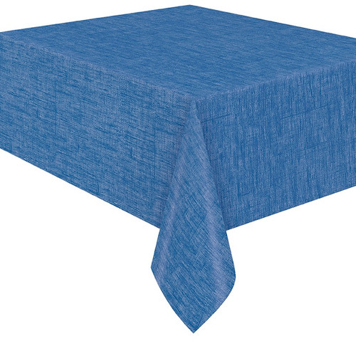Blue Lapis Faux Felt Backed Table Cover. This rectangular plastic cover features a dark blue color with a faux felt backing for a bit more sturdiness and a faux denim look to mimic a fabric design. Water resistant and potentially reusable, it can be wiped clean with a damp cloth. Measures 54in x 84in.