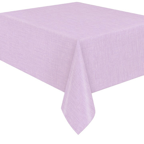 Lilac Faux Felt Backed Table Cover. This rectangular plastic cover features a light purple color with a faux felt backing for a bit more sturdiness and a faux denim look to mimic a fabric design. Water resistant and potentially reusable, it can be wiped clean with a damp cloth. Measures 54in x 84in.