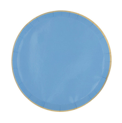 Coastal Blue Dessert Plates. These round paper plates feature a solid blue color with a thin gold foil trim. Package includes 8 count plates measuring 8in.