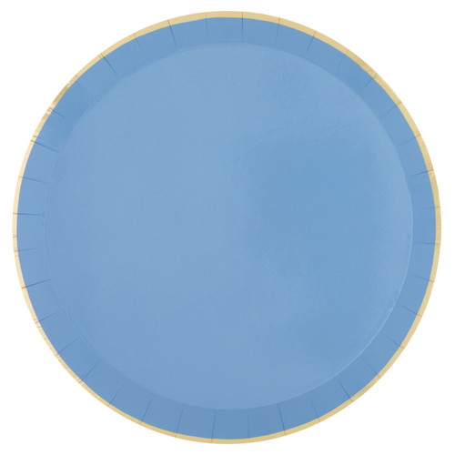 Coastal Blue Luncheon Plates. These round shallow paper plates feature a solid blue color with a thin gold foil trim. Package includes 8 count plates measuring 9in.