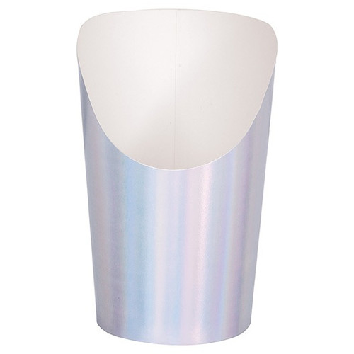 Iridescent Charcuterie Cups. These white paper snack cups feature an iridescent foil finish on the outside. Package includes 16 count cups measuring 4.5in tall, 7.5oz.