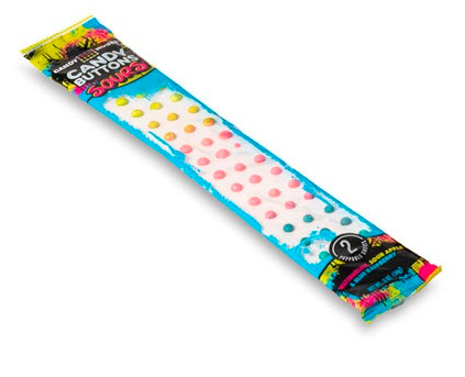 Candy Buttons - Sour. These strips of tiny candy dots measuring about .25in include watermelon, sour apple, and sour raspberry flavors. Dots will vary in size and color. Net WT 0.5oz.