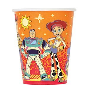 Toy Story 5 Paper Cups. Featuring a bright orange and red background with icons such as a smiley face, horseshoe, sun, and sheriff badge, each cup displays a lineup of characters including Woody, Buzz Lightyear, Jessie, Smarty Pants, Sticky Hand, Atlas, and Snappy. Package includes 8 count paper cups measuring 9oz.