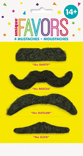 Black Moustache Set. These self-adhesive moustaches feature four fuzzy black designs. Package includes 4 count moustaches ranging from 2.25in - 3.5in. Meant for one time use.