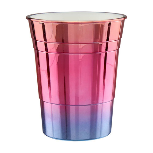 Periwinkle & Peony Ombre Plastic Cup. This durable plastic cup features a metallic periwinkle blue to peony pink ombre design. White on the inside with a silver rim. Package includes 1 count cup, measuring 18oz, 4.5in tall.