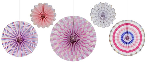 Iridescent Pastel Paper Fans. These paper fans feature a color scheme of white and pastel colors, and accents of iridescent foil. Some assembly required. Package includes 1 count fan measuring 14in, 2 count measuring 11in, and 2 count measuring 8in.
