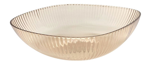 Clear Brown Square Plastic Serving Bowl. This translucent brown plastic bowl features a rounded square shape with ribbed sides. Measures 9in x 9in, 2.75in tall, and holds up to 2.3qt.
