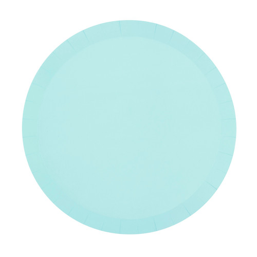 Sky Blue Dessert Plates. These round shallow paper plates feature a solid light blue color. Package includes 8 count plates measuring 8in.