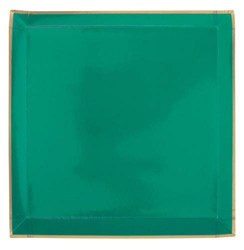 Rainforest Green Square Luncheon Plates. These square shaped paper plates feature a solid dark green color with a thin gold foil trim. Package includes 8 count plates measuring 8.25in.