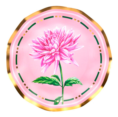 Dahlia Garden Luncheon Plates. These pink paper plates feature a single pink dahlia bloom in the center inside a decorative frame of green, light blue, and gold foil, and a wavy gold foil trim, resembling fine china. Perfect for tea or garden parties, or any event that calls for sophistication. Package includes 8 count plates measuring 8in.