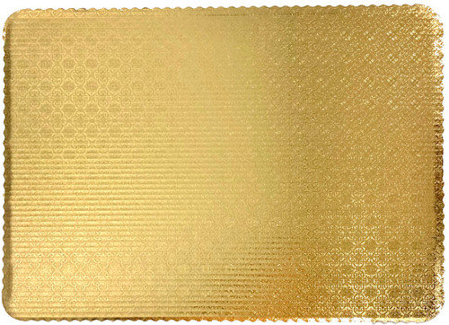 Gold, corrugated cardboards are grease resistant and have a decorative scalloped edge. There is no need to wrap the board in foil or use a doily with this cake board. It features an intricate damask pattern. Measures 18in x 25in.