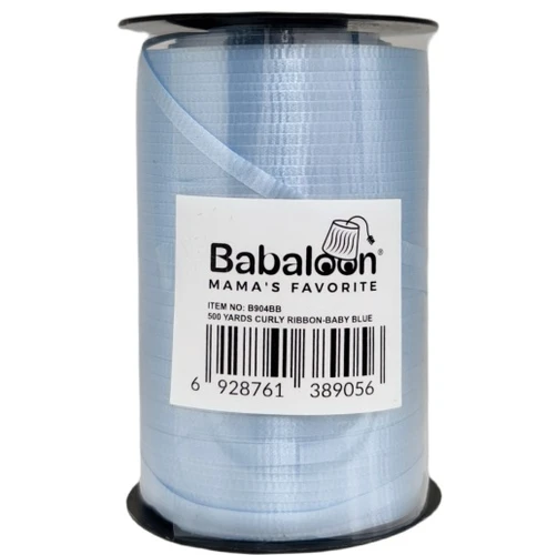 Balloon Curly Ribbon - Baby Blue. Use scissors to curl the ends of this ribbon for extra flair. This ribbon features a light blue color. Measures 500yds.