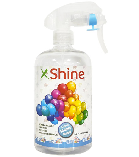 XtraShine Balloon Spray Mist. This spray when used on already inflated latex balloons can keep them shiny for weeks. DOES NOT INCREASE FLOAT TIME. Additional safety and storage instructions on box. Use in air circulated area. Net WT 16.9 fl oz.