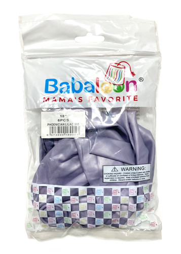 Luster Phoenician Lilac Latex Balloons. Package includes 6 count, 18 inch uninflated balloons.