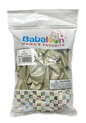 Luster Sahara Gold Latex Balloons. Package includes 50 count, 12 inch uninflated balloons.