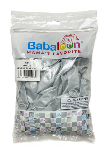 Luster Nevada Silver Latex Balloons. Package includes 50 count, 12 inch uninflated balloons.