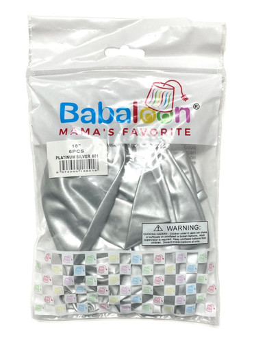 Platinum Silver Latex Balloons. Package includes 6 count, 18 inch uninflated balloons.