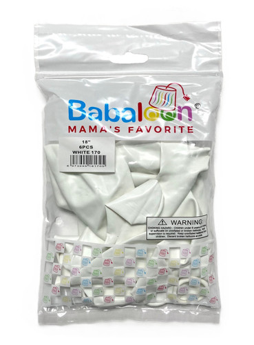 White Latex Balloons. Package includes 6 count, 18 inch uninflated balloons.