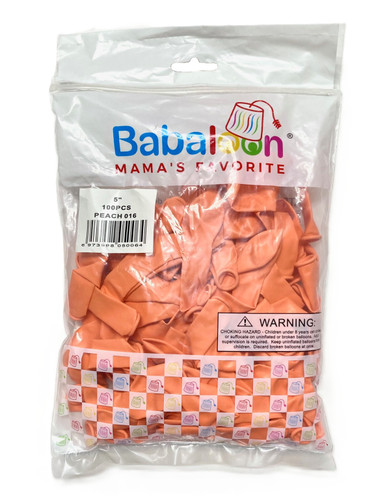 Peach Latex Balloons. Package includes 100 count, 5 inch uninflated balloons.