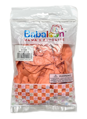 Peach Latex Balloons. Package includes 25 count, 12 inch uninflated balloons.