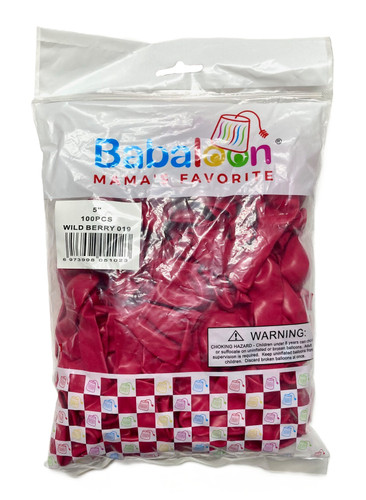 Wild Berry Latex Balloons. Package includes 100 count, 5 inch uninflated balloons.