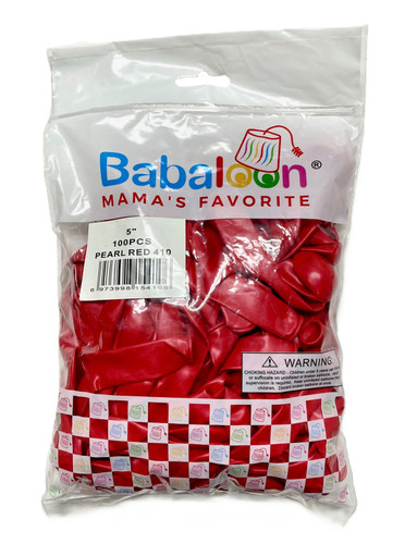 Pearl Red Latex Balloons. Package includes 100 count, 5 inch uninflated balloons.