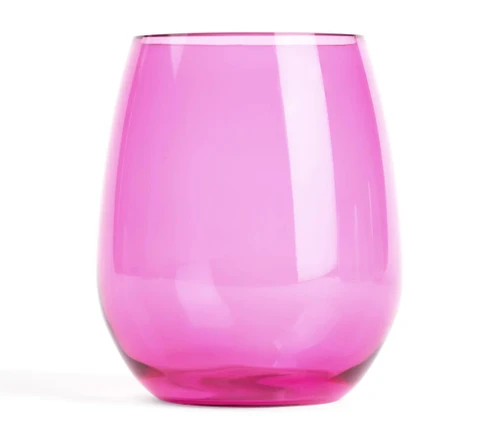 Colorful Stemless Plastic Wine Glass - Hot Pink. Made from translucent hot pink plastic, this durable, dishwasher safe reusable cup combines the look of glassware with the practicality of plastic. Package includes 1 count glass, measuring 16oz, 4.25in tall.