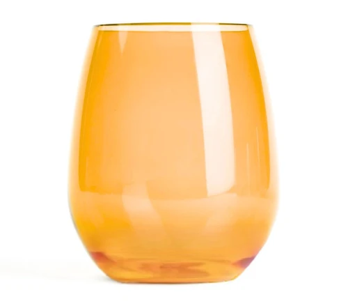 Colorful Stemless Plastic Wine Glass - Orange. Made from translucent orange plastic, this durable, dishwasher safe reusable cup combines the look of glassware with the practicality of plastic. Package includes 1 count glass, measuring 16oz, 4.25in tall.
