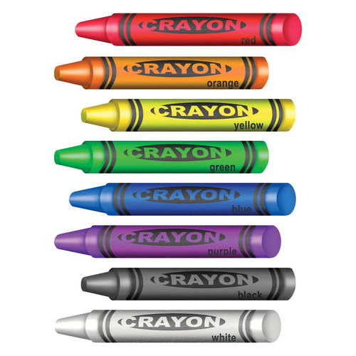 Crayons Peel 'N Place. These peel 'n place crayons include colors orange, yellow, green, and black (measuring 9.5n x 1.5in) as well as purple, blue, red, and white (measuring 10in x 1.5in).  Sheet measures 12in x 17in.