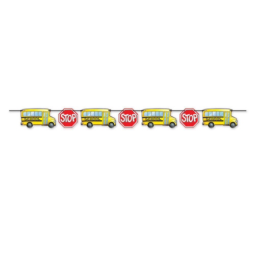 School Bus & Stop Sign Streamer. This set includes a black ribbon and printed cardstock cutouts of classic yellow school busses and red stop signs. Assembly required. Measures 6in x 8ft when assembled.