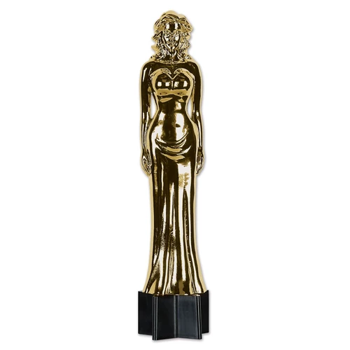 Jointed Awards Night Feale Statuette Cutout. This large, printed cutout features a classic gold statuette with a female form on a black base. Measures 5ft 6in.