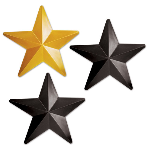 Plastic Stars. this set of 1 count gold star and 2 count black stars have a 3 dimensional side and a flat, hollow underside, perfect for adding some flair to your walls. Package includes 3 count stars measuring 12.25in.