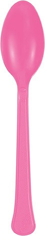 Hot Pink Plastic Spoons. These heavy duty plastic spoons feature a bright pink color. Package includes 20 count 6.5in spoons.