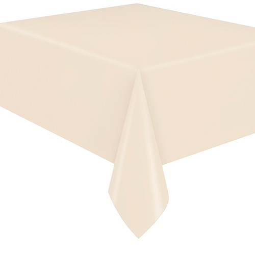 Vanilla Cream Plastic Tablecover. This rectangular plastic tablecover has an ivory color. Measures 54in x 108in.