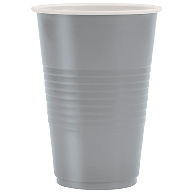 Silver Gray Plastic Cups. These plastic cups feature a silver gray color and a raised grip, and should only be used for cold drinks. Package includes 50 count 16oz cups.