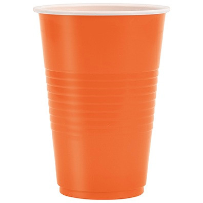 Orange Plastic Cups. These plastic cups feature a bright orange color and a raised grip, and should only be used for cold drinks. Package includes 50 count 16oz cups.