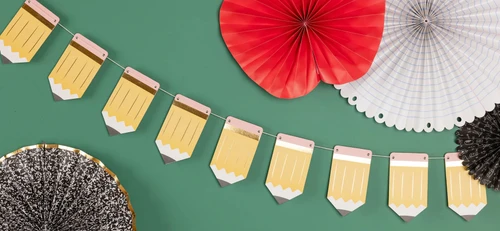 Chipboard Pencils Banner. This banner includes nine paper chipboard pieces shaped like classic shortened pencils with accents of shimmery gold foil. Measures about 5ft.
Paper fans not included.