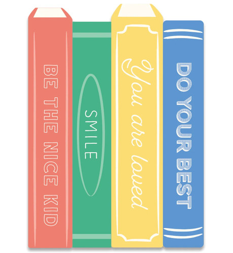 Book Spine Shaped Guest Towel Napkins. These shaped paper napkins feature the spines of a red, green, yellow, and blue book side by side, with the text "BE THE NICE KID, SMILE, You are loved," and "DO YOUR BEST" in different styles of white text. Package includes 24 count napkins measuring 5in x 6.75in when folded.