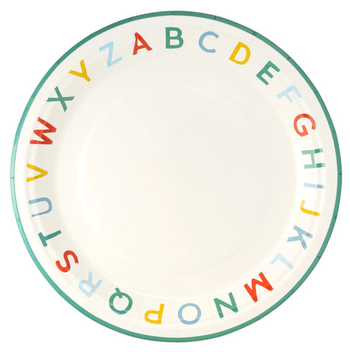 Alphabet Edge Luncheon Plates. These round, off white paper plates feature a dark green trim and an edge decorated with multicolor letters of the alphabet. Package includes 8 count plates measuring 9in.