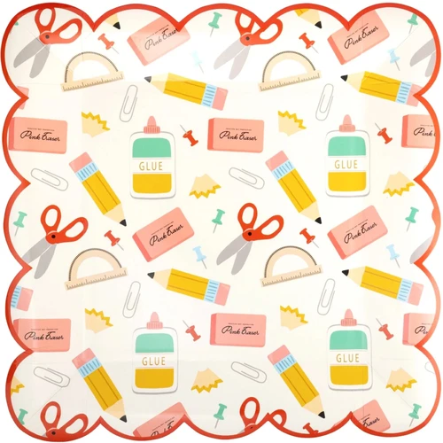 Scalloped Square School Icon Dinner Plates. These square shaped, off white paper plates feature a pattern of school icons such as pencils, pins, erasers, and more, along a scalloped edge with a thin red trim. Package includes 8 count plates measuring 10in.