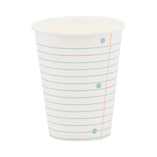 Notebook Paper Patterned Paper Cups. These white paper cups feature the pattern of notebook paper with horizontal blue lines, a vertical red line, and three blue dots similar to punched out holes. Package includes 8 count cups measuring 12oz, 4.25in tall.