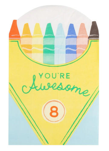 Crayon Box Shaped Luncheon Napkins. These paper napkins are in the shape of a yellow and light blue crayon box with multicolor crayons and "YOU'RE Awesome" in a combination of green capital letters and script. Package includes 24 count napkins measuring 4.75in x 7.5in when folded.