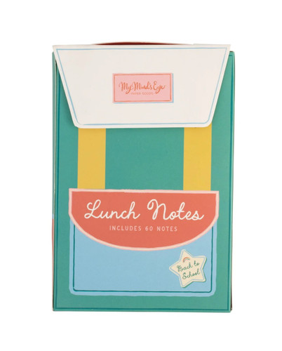 Back to School Lunchbox Notes. This convenient box with both a paper handle and a velcro seal is filled with a variety of paper messages and designs, incorporating fun colors and school icons such as pencils, crayons, apples, and more. The front will have a message such as "You're Awesome," "Looking Cool," "I Love You," and more, while the back has a blue line graph paper design to write a more personal note. Package includes 60 count cards (30 designs) measuring 3.5in x 2.5in.