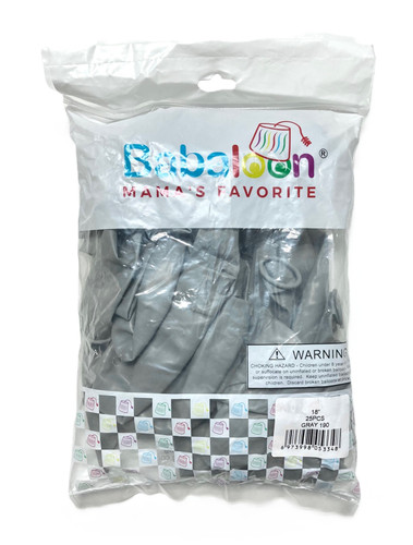 Gray Latex Balloons. Package includes 25 count, 18 inch uninflated balloons.