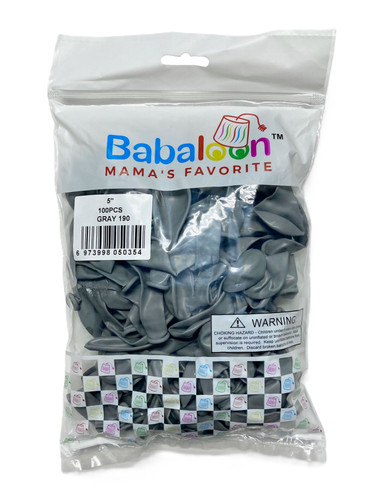 Gray Latex Balloons. Package includes 100 count, 5 inch uninflated balloons.