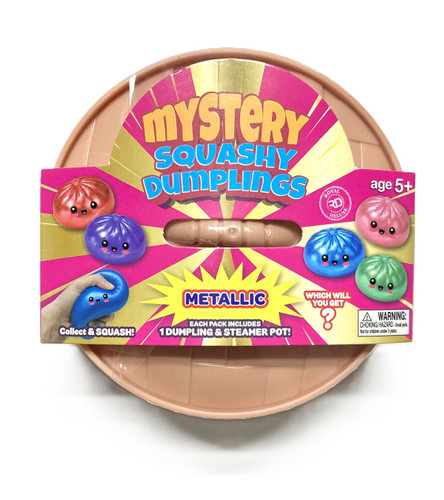 Mystery Squashy Dumpling. Shaped like a round dumpling with a cute face, this stress toy arrives in a mystery metallic color, with a chance for one in glittery gold.
Desired color not guaranteed, no returns or exchanges. Package includes 1 count toy in a plastic steamer pot shaped container measuring 3.75in in diameter, 1.9in tall.
