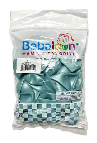 Luster Maui Mist Latex Balloons. Package includes 50 count, 5 inch uninflated balloons.