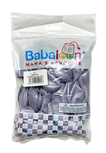 Luster Phoenician Lilac Latex Balloons. Package includes 50 count, 5 inch uninflated balloons.
