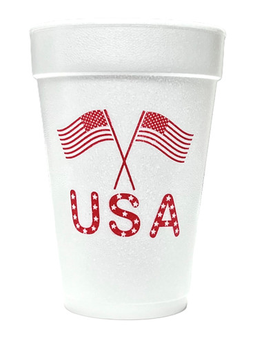 Red USA Flags Styrofoam Cups. These white Styrofoam cups feature a red silhouette of two American flags above "USA" accented with stars. Package includes 25 count, 16 ounce cups.